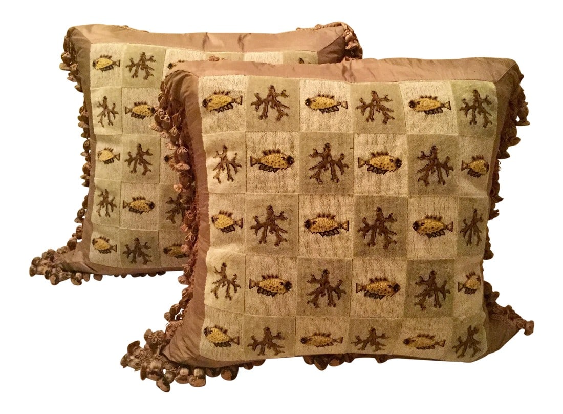 Custom Tailored Beachy Silk Tassel Trim Tapestry Pillows - a Pair: Beautiful very large thick pair of custom pillows. Fish and coral tapestry paneled front bordered by fabric. Silk back. Cotton tassel trim all around. Pillows are white down and duck feathers. They ha