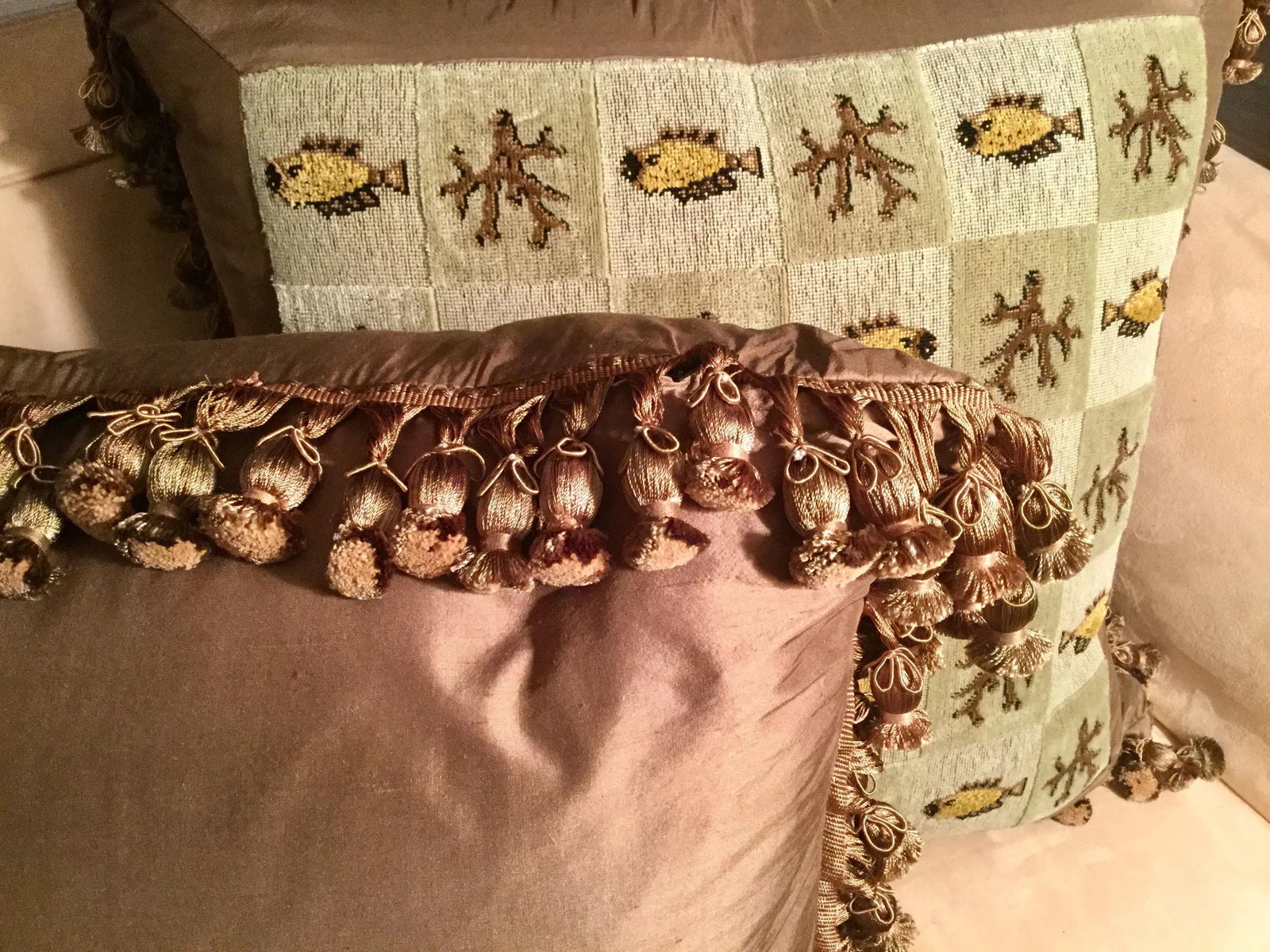 Custom Tailored Beachy Silk Tassel Trim Tapestry Pillows - a Pair - 5