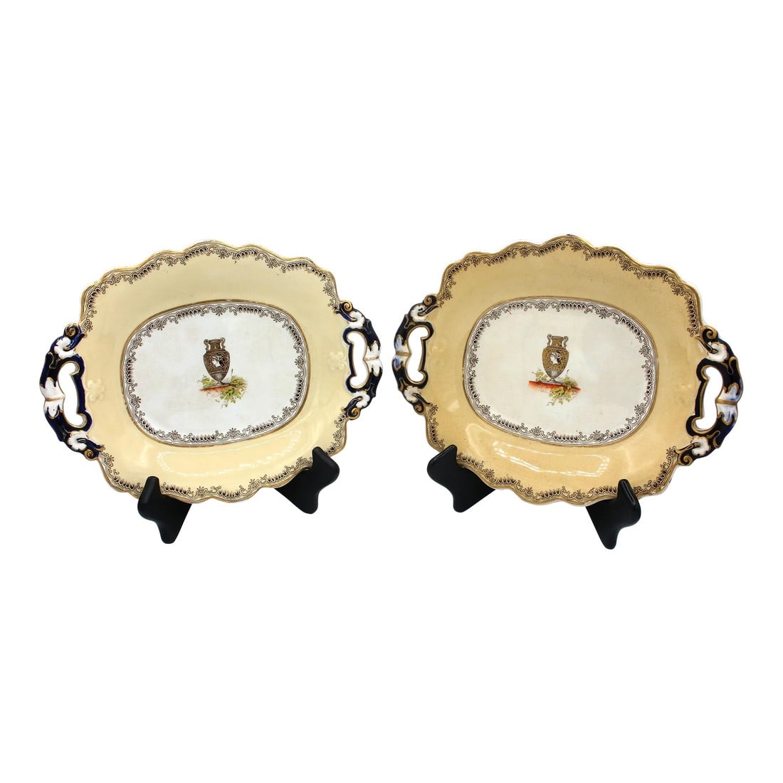 Pair of "Opaque Granite China" Sweetmeats, Circa 1834-54 by William Ridgway: Pair of "Opaque Granite China" sweetmeats, circa 1834-54 by William Ridgway. Classical urn motifs; molded handles. Cream & white with cobalt highlighted handles & sepia borders. Pattern 1485.