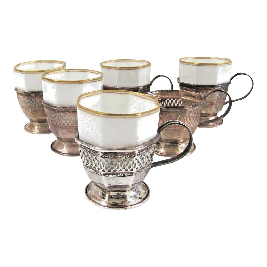 Antique Sterling Silver Octagon Reticulated Demitasse Holders and Rosenthal Cups- Set of 6: Antique Set of Six Sterling Silver Octagonal Reticulated Demitasse Holders with 5 Rosenthal Cups Each sterling base is not weighted and has a cutout motif going around the top. These antique