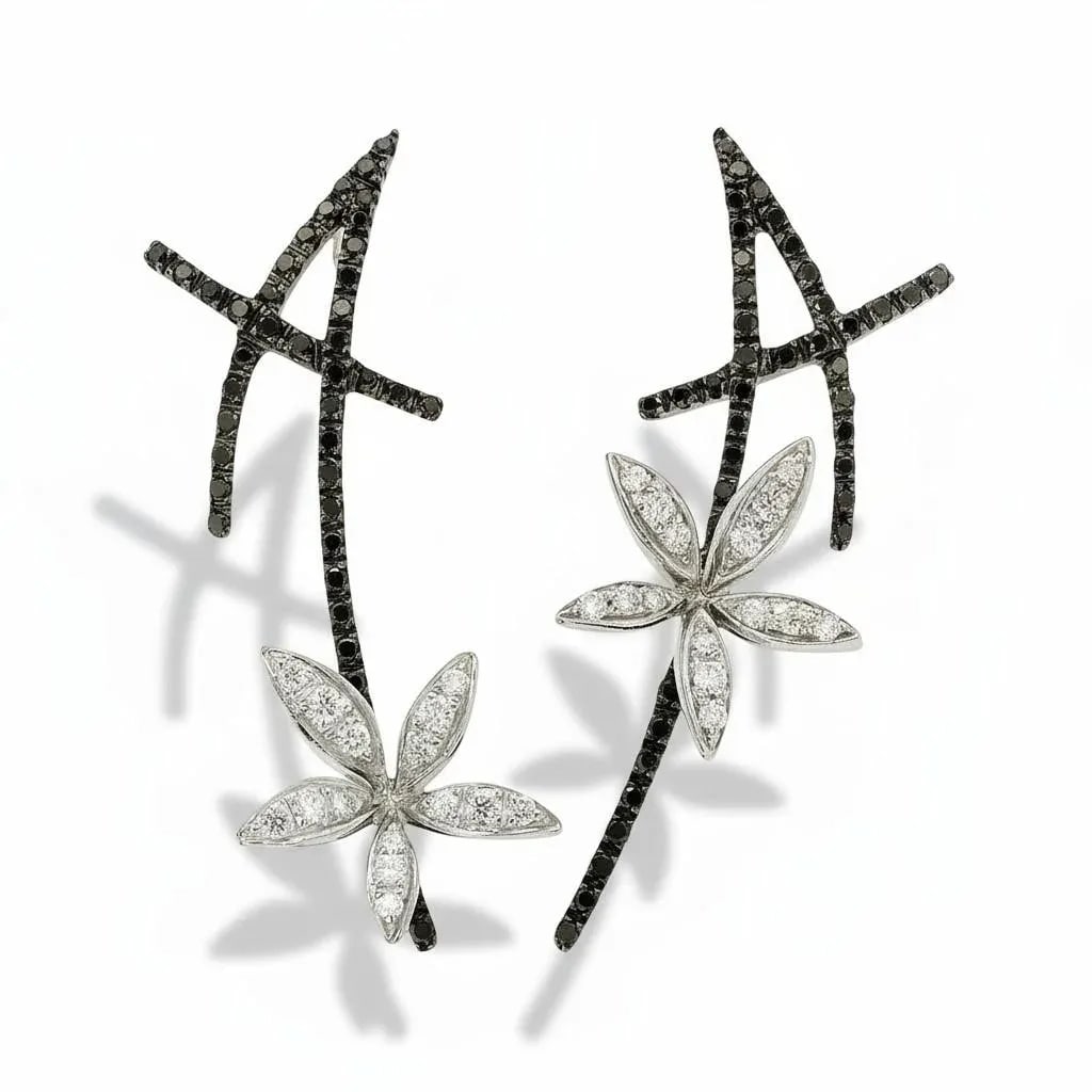 18k White Gold Black & White Diamond Floral Vintage Earrings by Stefan Hafner, A Pair - 12