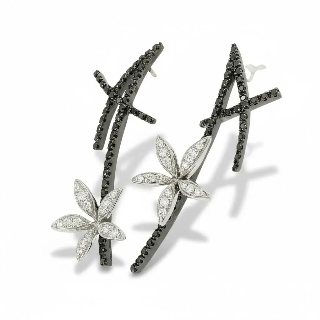 18k White Gold Black & White Diamond Floral Vintage Earrings by Stefan Hafner, A Pair - 15