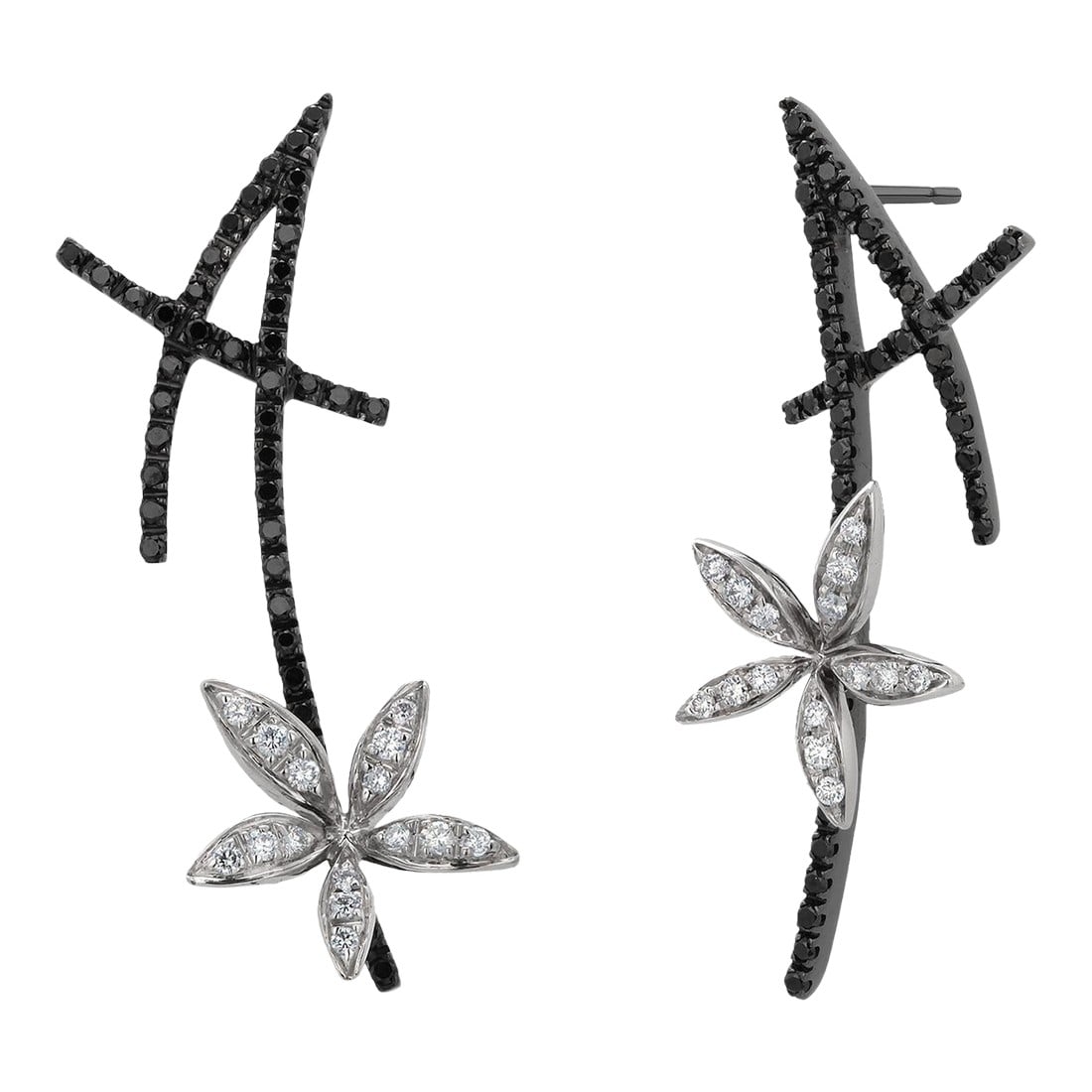 18k White Gold Black & White Diamond Floral Vintage Earrings by Stefan Hafner, A Pair: A striking creation by renowned Italian designer Stefan Hafner, these contemporary floral motif earrings are a statement in artistry and elegance. Crafted in solid 18k white gold with black rhodium
