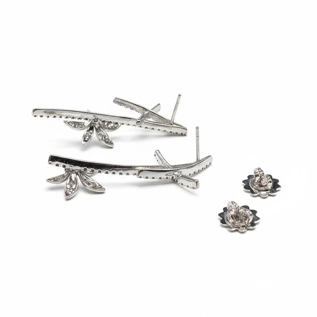 18k White Gold Black & White Diamond Floral Vintage Earrings by Stefan Hafner, A Pair - 4