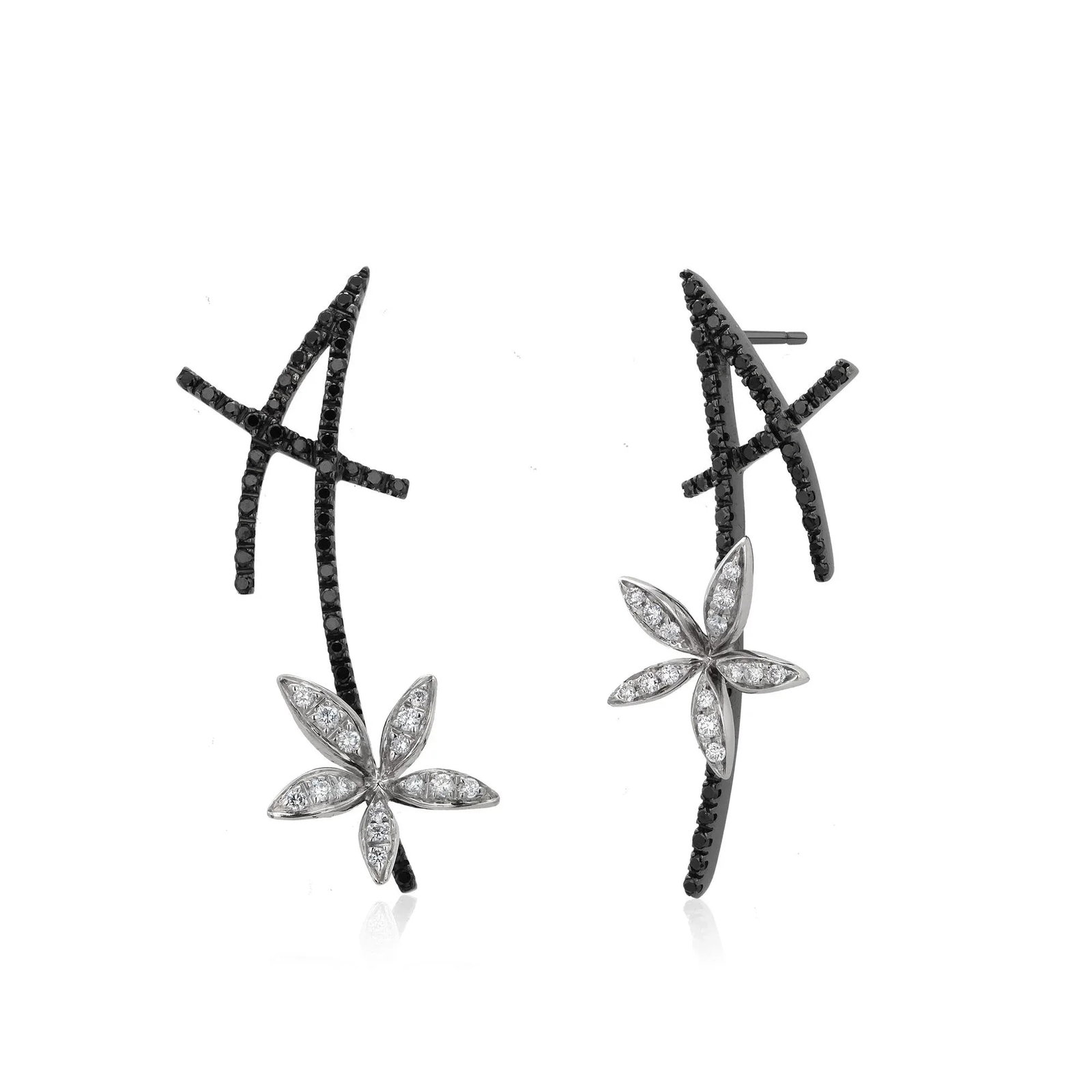 18k White Gold Black & White Diamond Floral Vintage Earrings by Stefan Hafner, A Pair - 7
