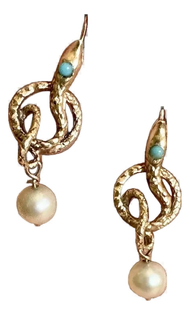 Late 19th Century 14k Serpent and Pearl Earrings, A Pair: Stunning Victorian 14k gold serpent earrings. The detailed design features Persian Turquoise eyes and small pearls suspended at the bottom. The earrings measure 1 1/8" in length and have fish hook