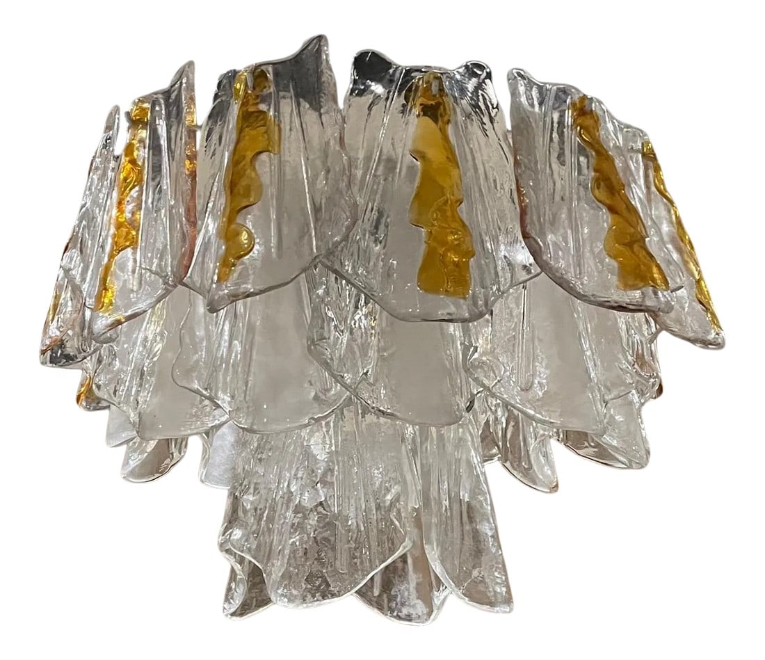 1960s Feders Amber Sculpted Glass Chandelier After Av Mazzega Italy: AMBIANIC presents: Posh Vintage by Feders Handblown Sculpted Glass Chandelier 1960s made in Mexico. Chandelier is Unmarked. Similar in style to Midcentury Italian handblown amber glass designs by AV