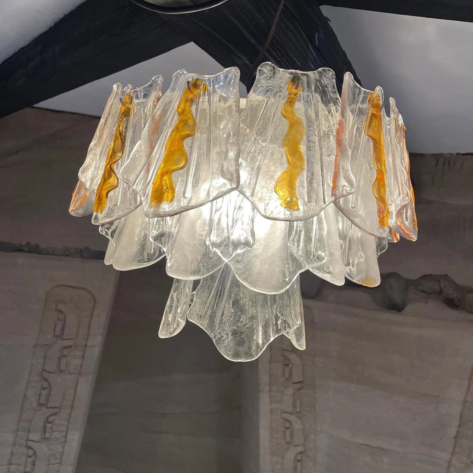 1960s Feders Amber Sculpted Glass Chandelier After Av Mazzega Italy - 5