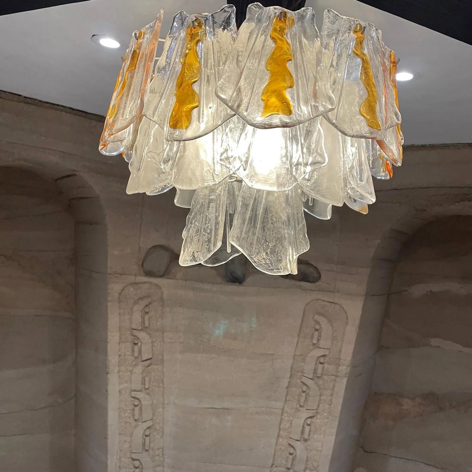 1960s Feders Amber Sculpted Glass Chandelier After Av Mazzega Italy - 8