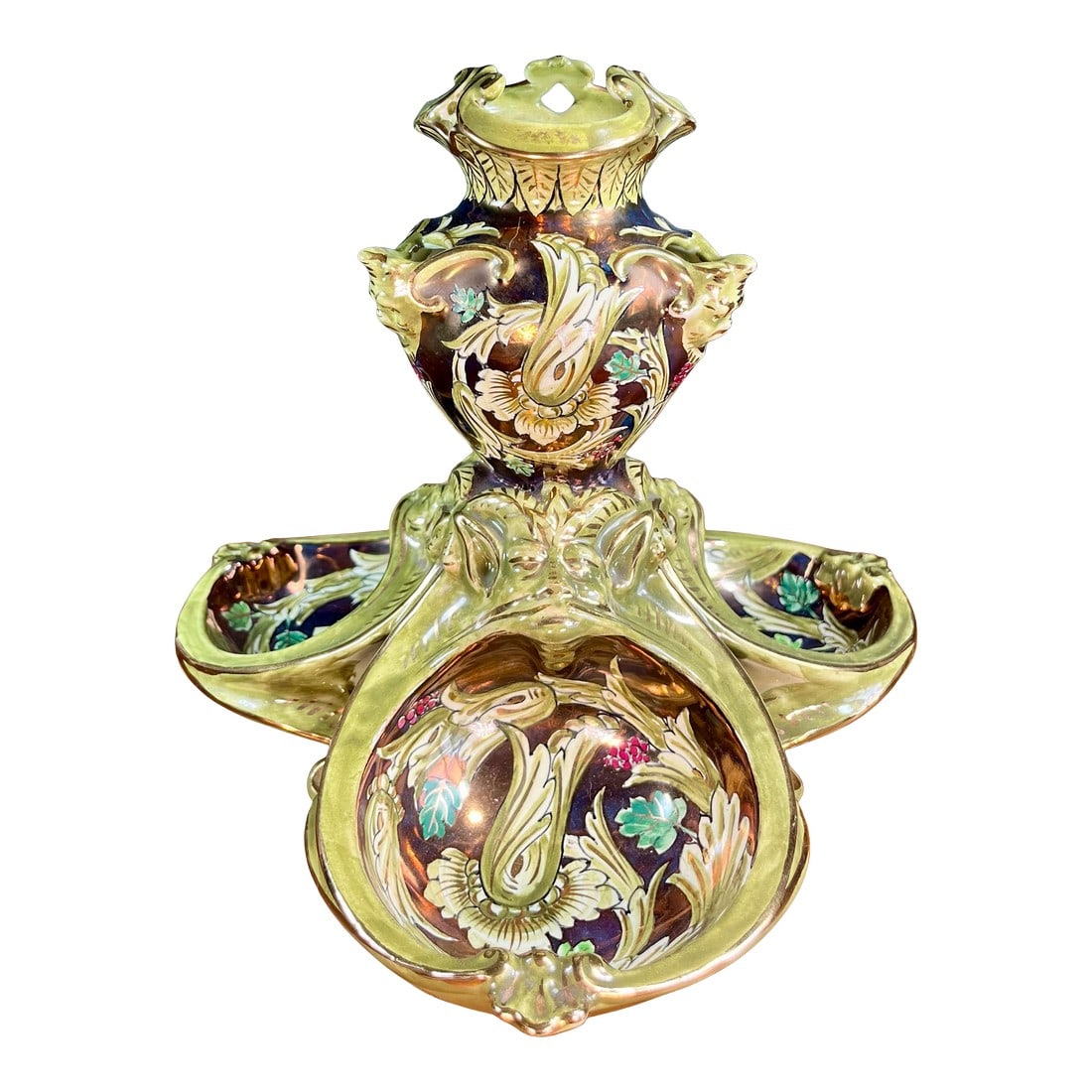 Antique Cantagalli Lustre Majolica Centerpiece: Italian green luster majolica tripartite centerpiece urn/vase. Beautiful leaf and floral designs with layered faces adding a mid-evil tone. Condition: Alterations: Original Condition Unaltered