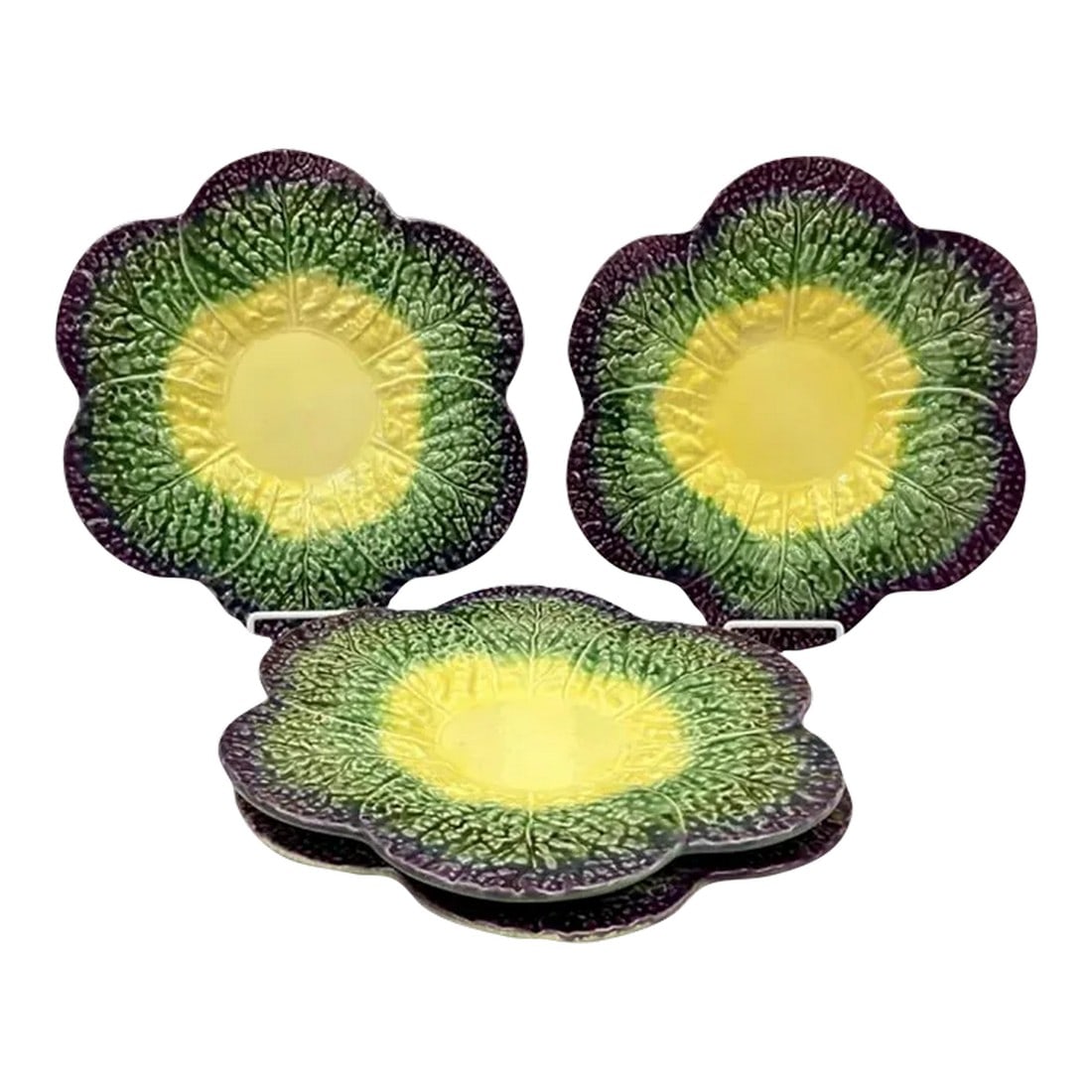 Set of Four Vintage Olfaire Portugal Ceramic Charger Plates: Unique vintage set of four Olfaire Portugal ceramic charger plates. Bright colors of yellow(center) with green and purple scalloped edges. Excellent condition. Manufacturer mark and number on reverse 