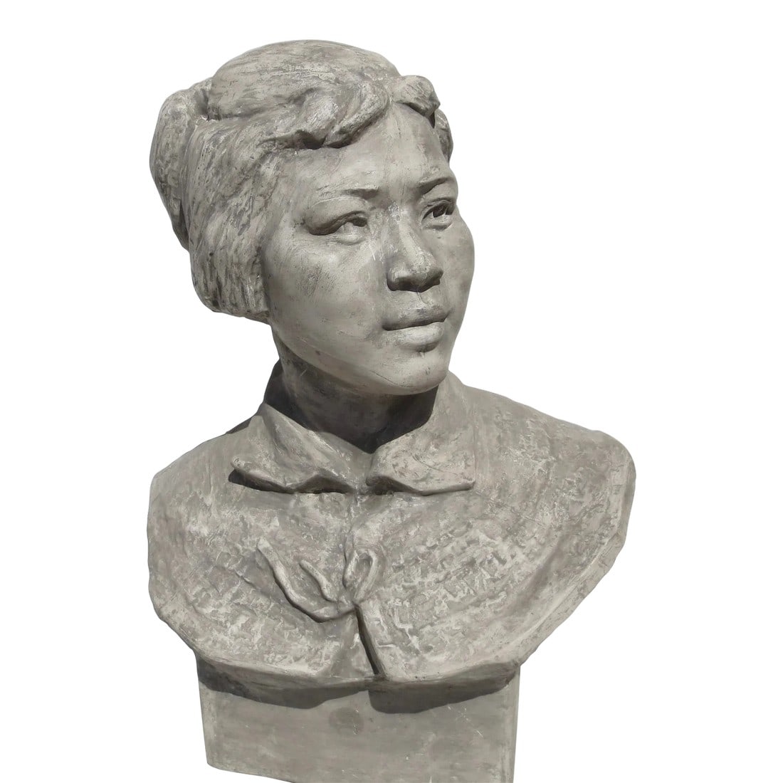 Chinese Cultural Revolution Plaster Sculpture: Plaster artwork of a young girl in the red guard. Social realist Chinese monumental sculptures. The young woman in the classic posture of looking into a brighter future. Raw plaster surface now