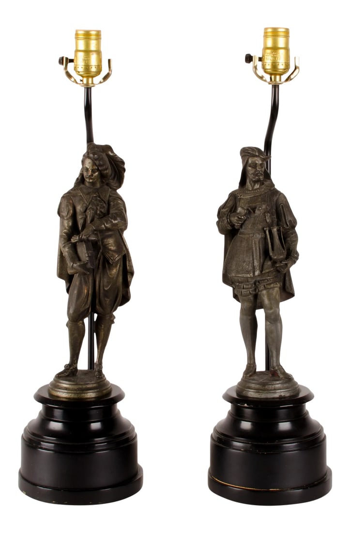 Late 19th Century Figural Artist Spelter Lamps - A Pair: A pair of victorian figural artist spelters mounted as lamps. In excellent condition with minor losses to paint on base. 6 inches wide by 7 inches deep by 22 inches tall 16 1/2 inches to top of