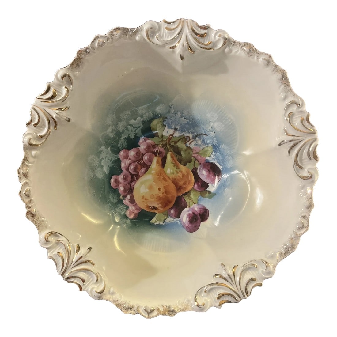 Antique Rs Prussia Hand Painted Berry Bowl: Fine hand painted porcelain made in Germany by RS Prussia. Beautiful shape and molding detail along the edge and within the bowl itself. Vibrant colors make this piece further standout. Red wreath