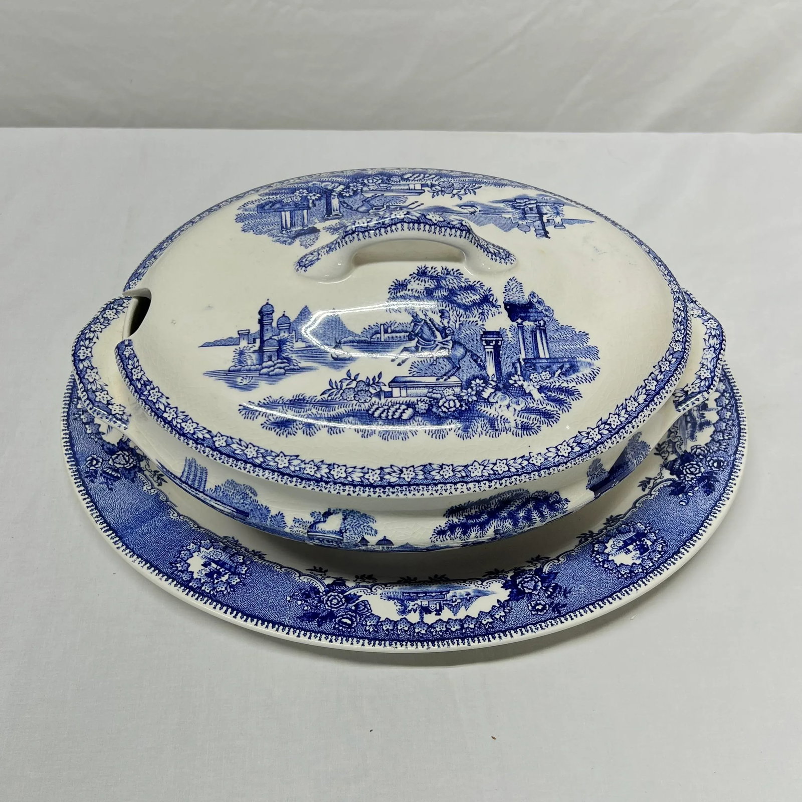 Early 1900s Blue Transferware Tureen and Underplate Marked Estatua Gilman & Cta Sacavem Portugal - 2