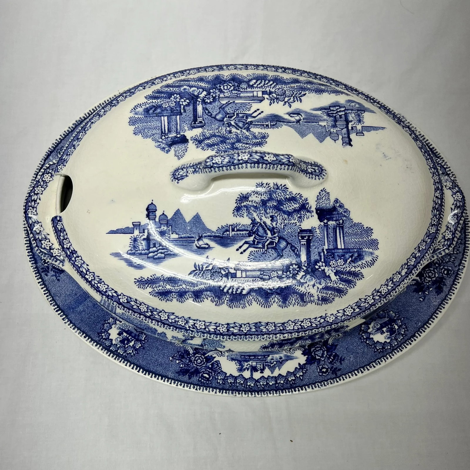 Early 1900s Blue Transferware Tureen and Underplate Marked Estatua Gilman & Cta Sacavem Portugal - 3
