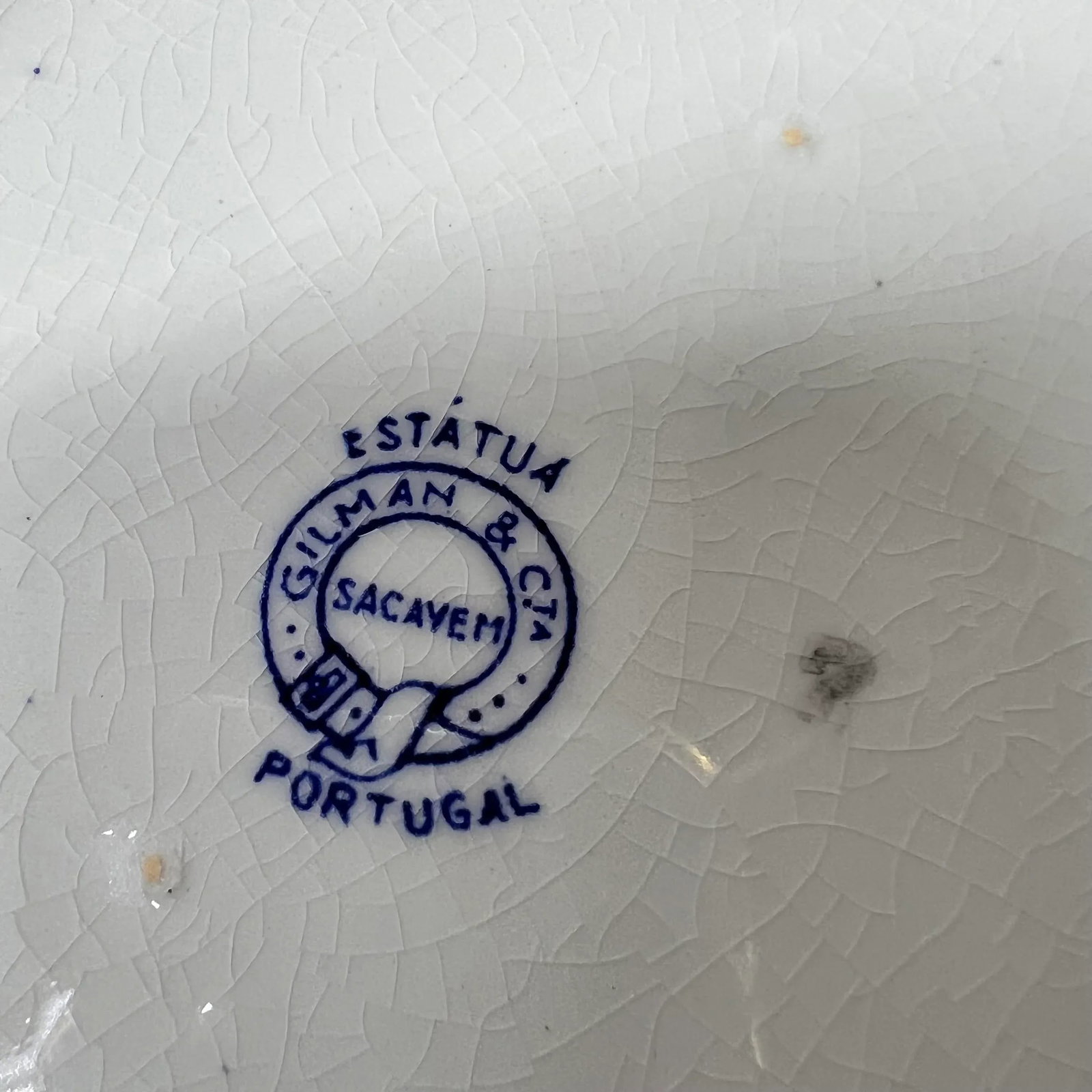 Early 1900s Blue Transferware Tureen and Underplate Marked Estatua Gilman & Cta Sacavem Portugal - 5