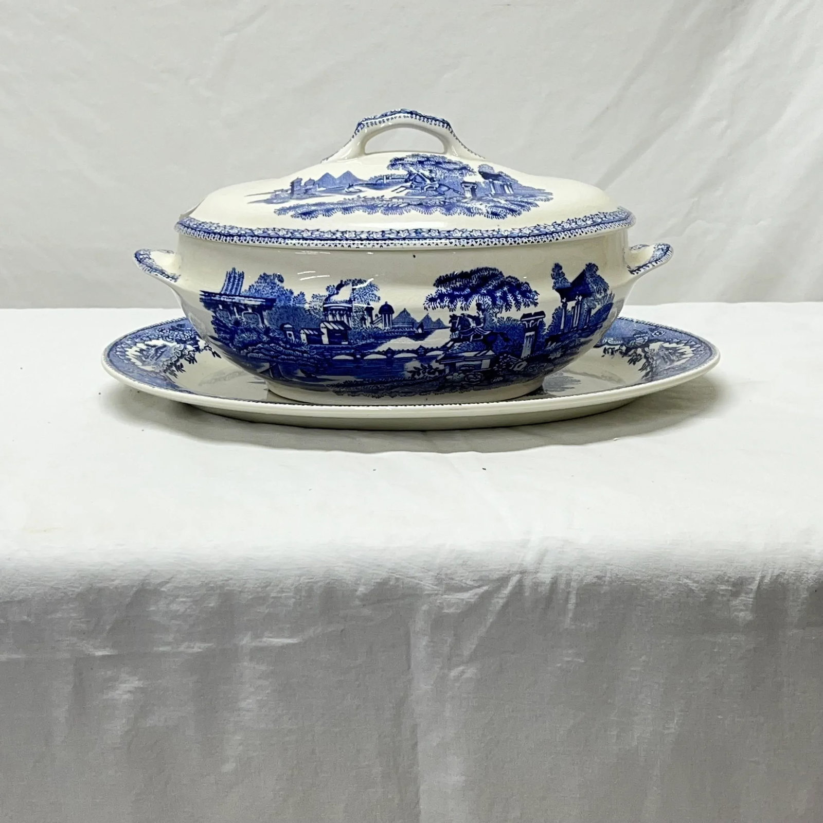 Early 1900s Blue Transferware Tureen and Underplate Marked Estatua Gilman & Cta Sacavem Portugal - 7