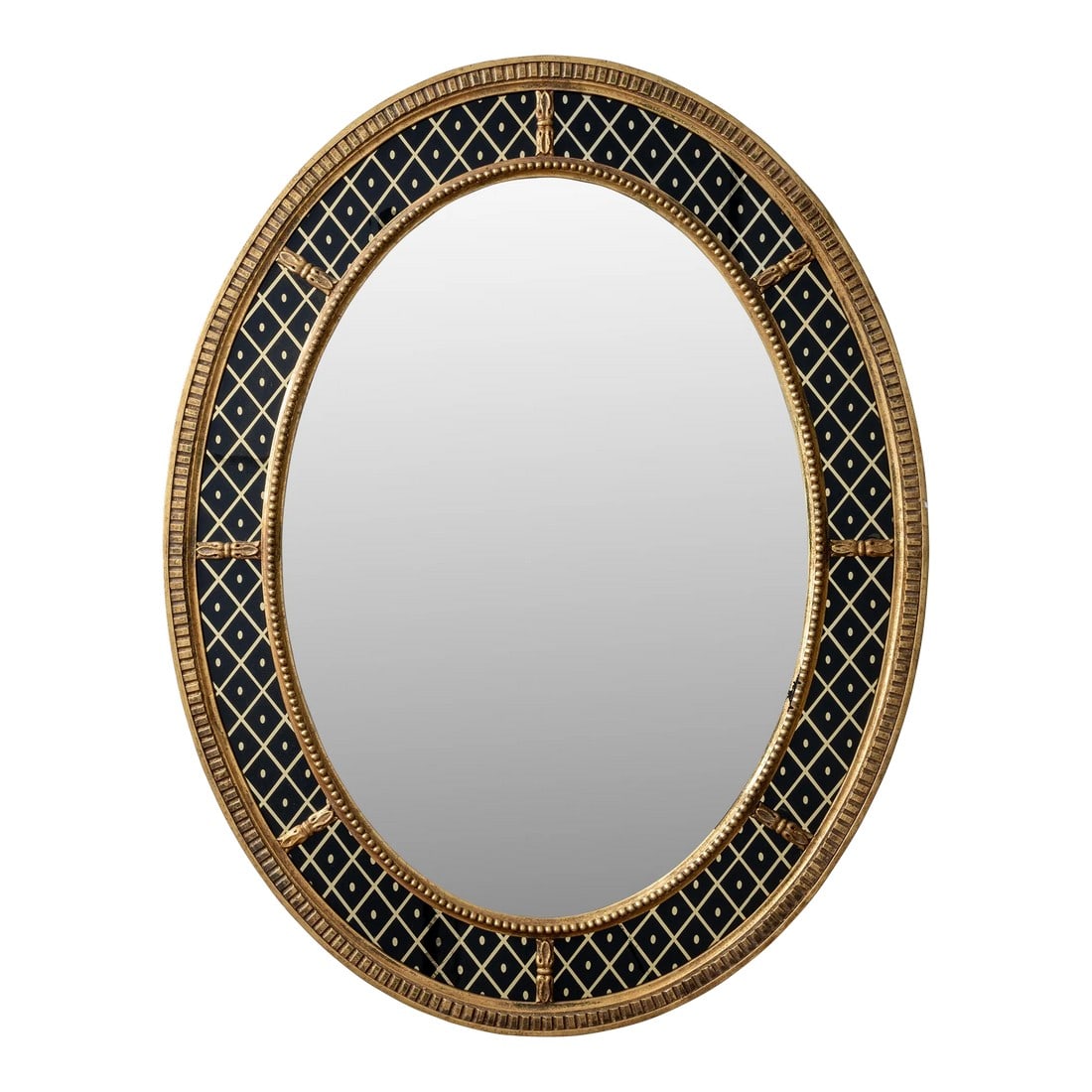 Mario Buatta for Widdicomb Eglomise Mirror: An eglomise oval framed mirror by Mario Buatta for Widdicomb. 32 Â½ inches wide by 41 Â¾ inches tall Condition: Alterations: Original Condition Unaltered Imperfections: Some Imperf