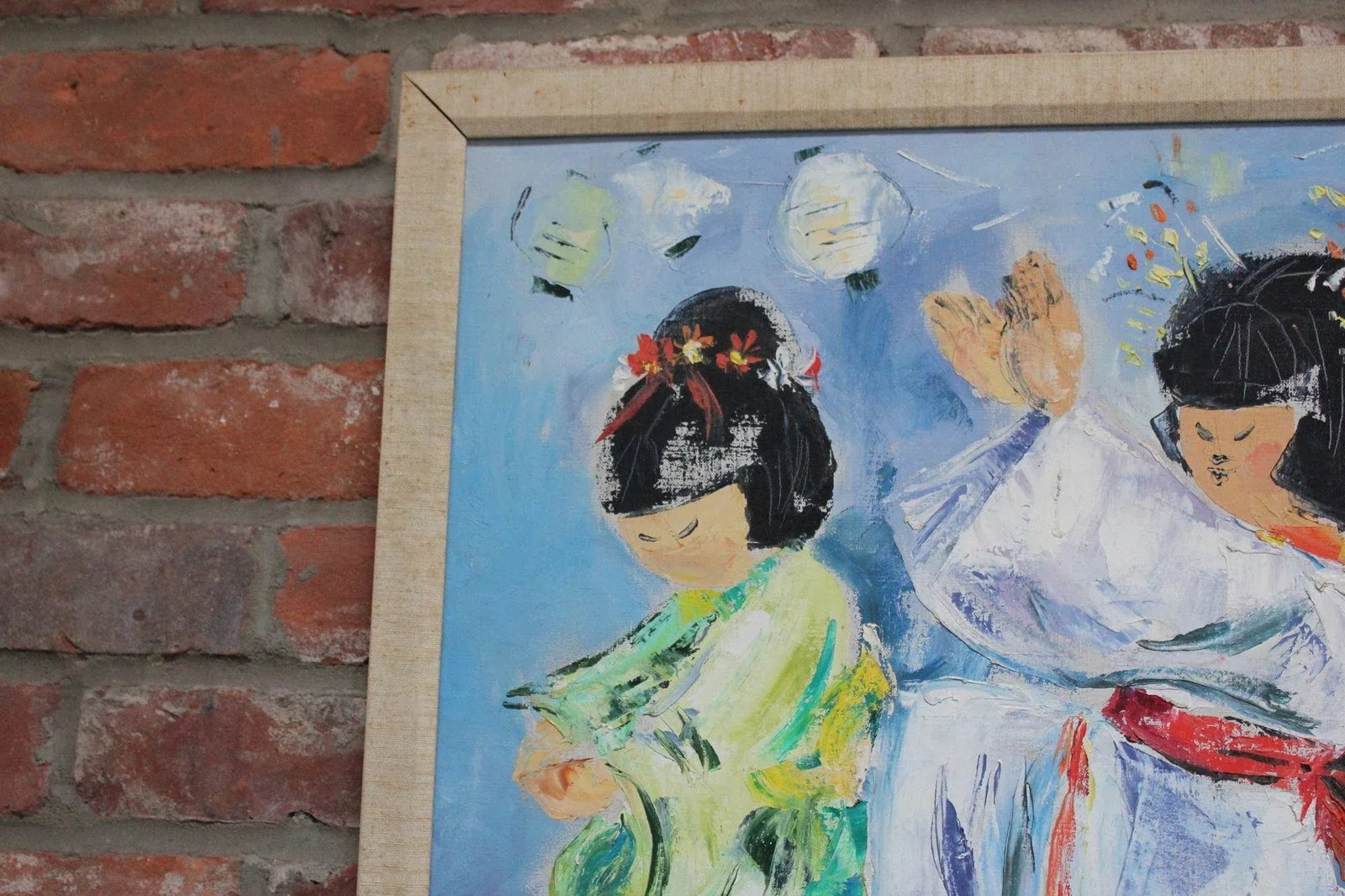 Japanese Dancing Geishas Oil on Canvas Signed Gudi - 7