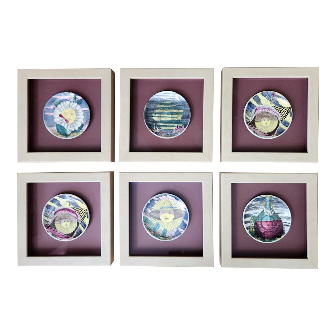 Piero Fornasetti Framed Set of Coasters, "12 Mesi, 12 Soli" Design.: Piero Fornasetti Framed Set of Coasters, "12 Mesi, 12 Soli" design, Early 1960s The six large ceramic coasters are from the "12 Mesi, 12 Soli" design. These are named "Soli Di" on the reverse with som