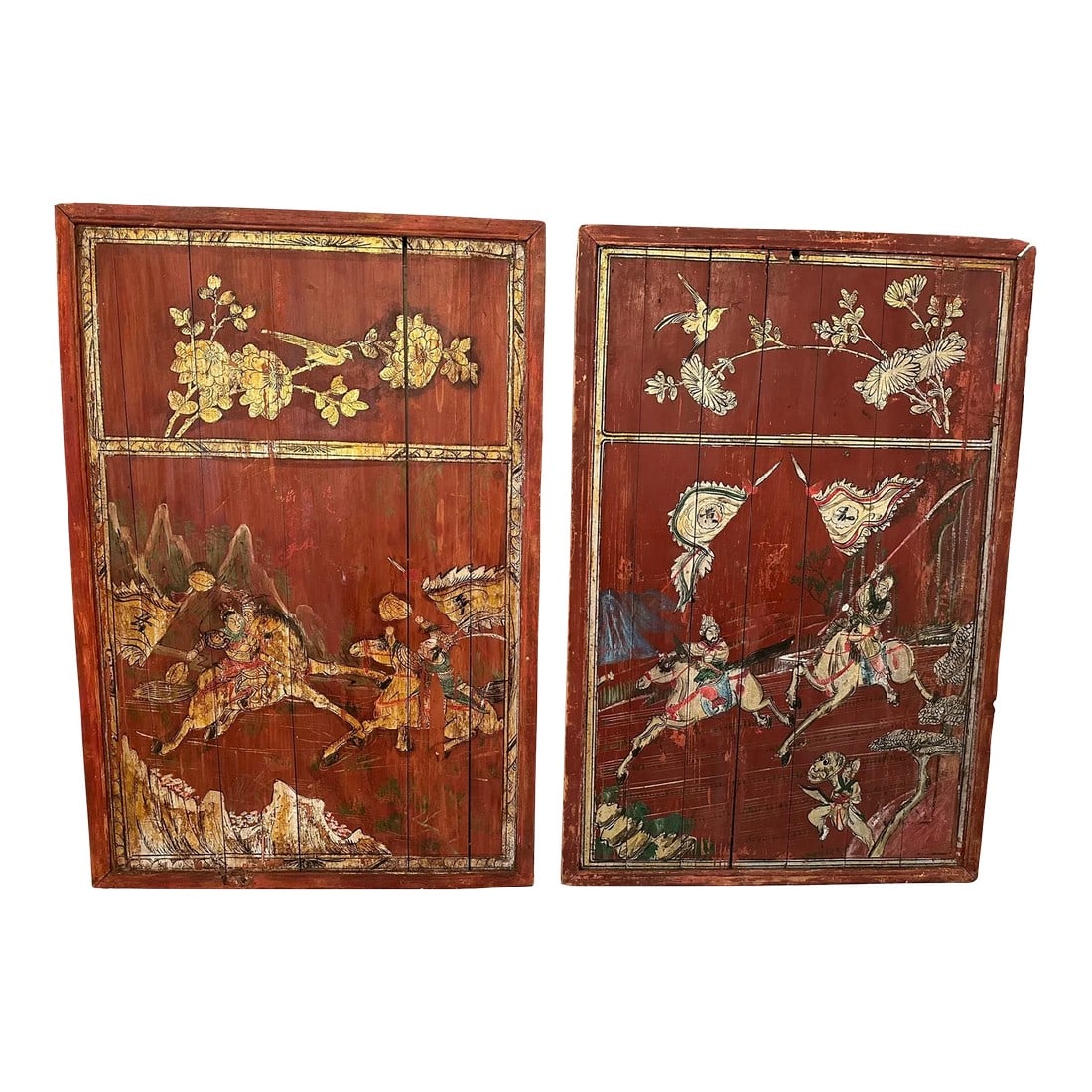 Pair of Distressed Antique Chinese Hand Painted Wooden Panels: Stunning pair of distressed antique Chinese hand painted wooden panels having red backgrounds and figural decoration of warriors on horseback in black, white and green. Condition: Alterations: Origina