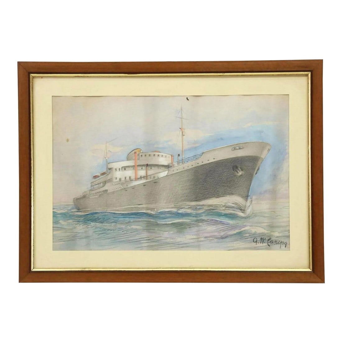1950s Vintage Original G W Canepa Charcoal & Watercolor Ocean Liner Painting, Framed: Ocean Liner, signed lower right G.W. Canepa. Framed charcoal drawing with watercolor and gouache highlights on paper. Note; some cockleing and buckeling to paper. Dimensions sight: 12.5"h, 19"w, overa