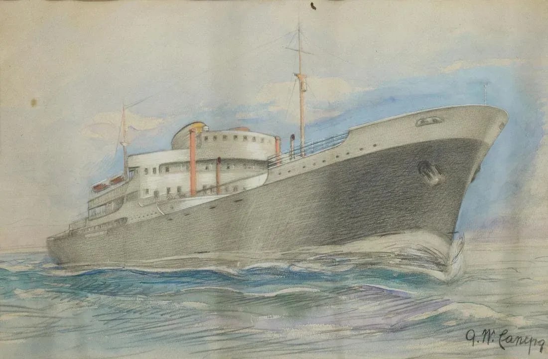 1950s Vintage Original G W Canepa Charcoal & Watercolor Ocean Liner Painting, Framed - 2