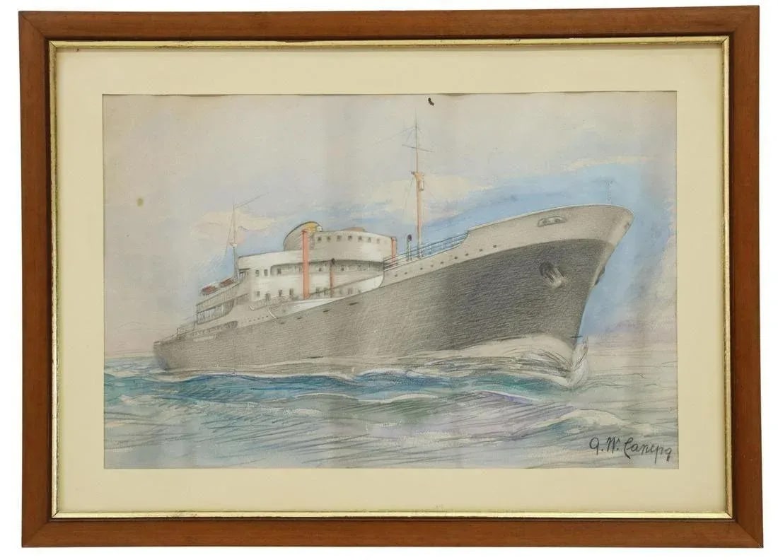 1950s Vintage Original G W Canepa Charcoal & Watercolor Ocean Liner Painting, Framed - 3