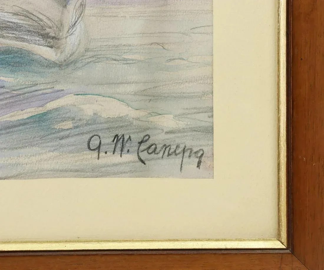 1950s Vintage Original G W Canepa Charcoal & Watercolor Ocean Liner Painting, Framed - 4