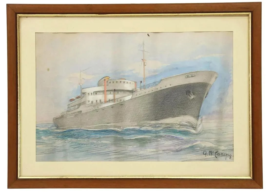 1950s Vintage Original G W Canepa Charcoal & Watercolor Ocean Liner Painting, Framed - 6