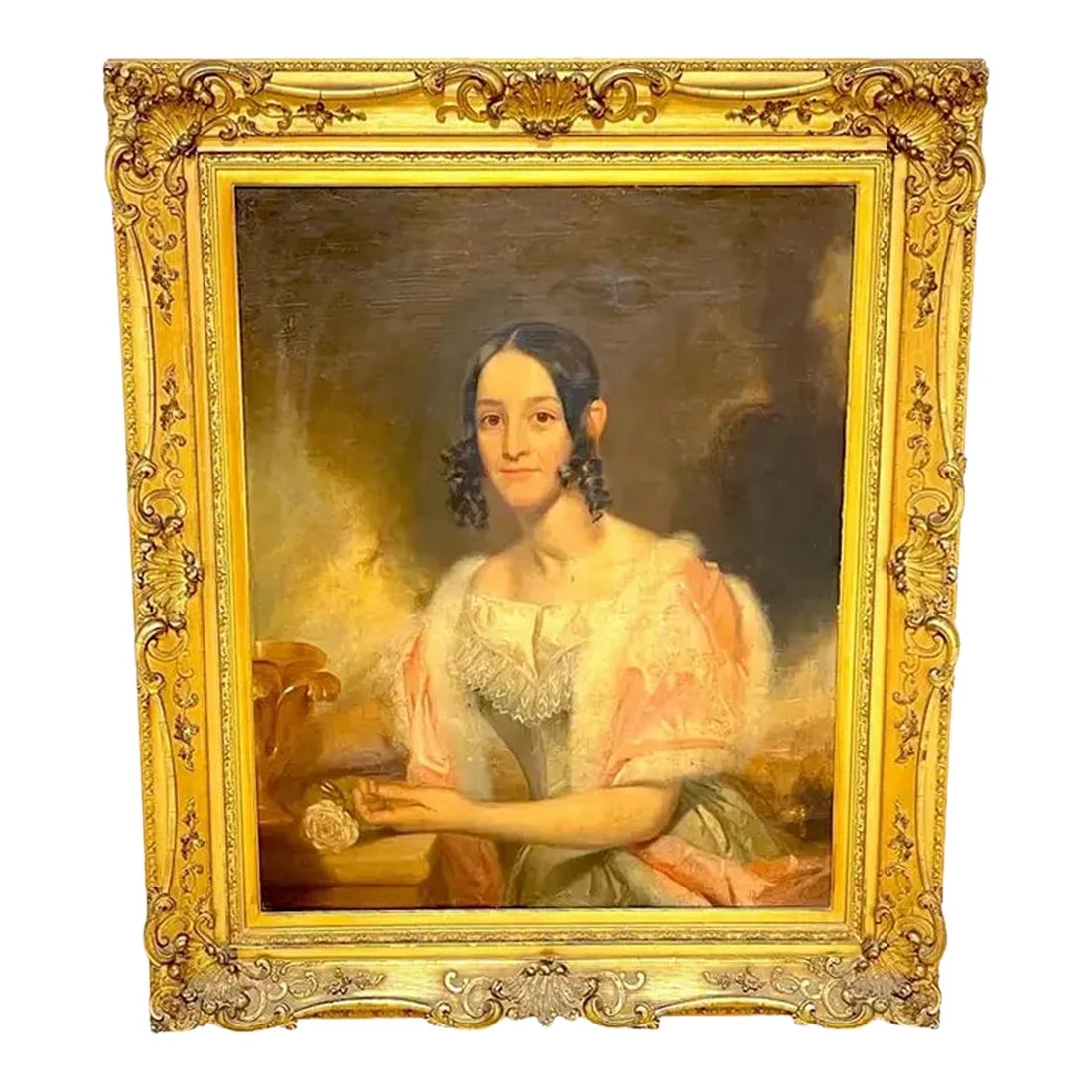 19th Century American Antebellum Portrait of a Lady, Original Giltwood Frame: 19th Century American Antebellum Portrait of a Lady, Original Giltwood Frame Oil on Canvas 36-inches high x 30-inches wide Apparently Unsigned USA, Circa 1850s This 19th-century American antebellum
