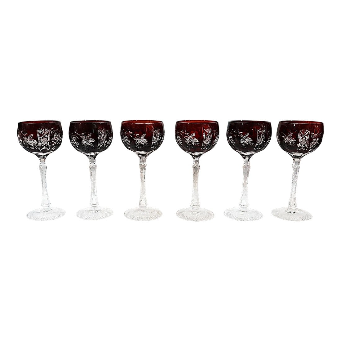 1940s Bohemian Cut-To-Clear Crystal Wine Stem Goblets - Set of 6: Stunning claret colored vintage Boho wine stems in cut-to clear crystal glass on cut stems and base. These 6 have been in the family since the 1960s and were vintage back then. Condition: