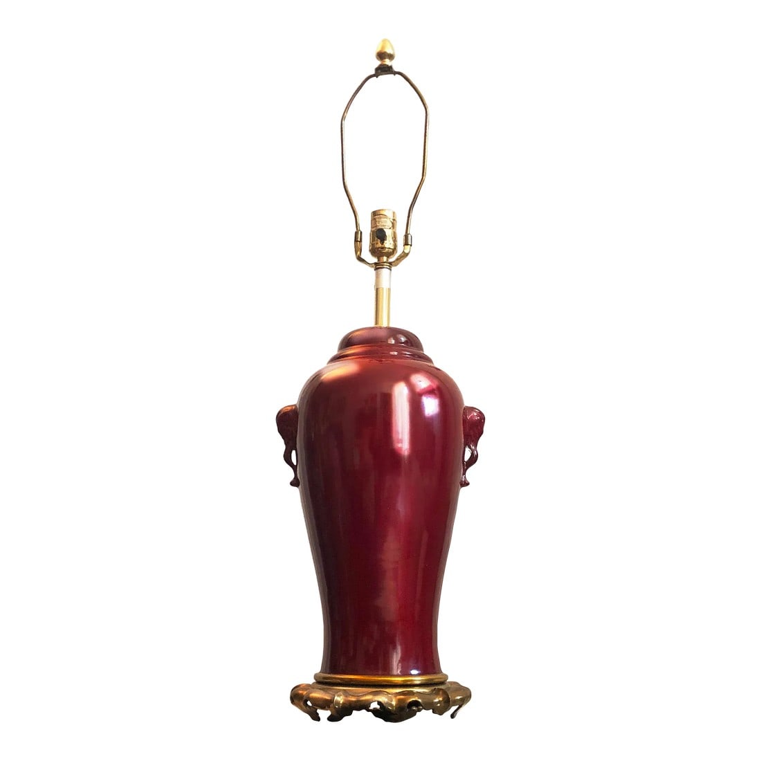 1950s Marbro Oxblood Elephant-Handled Chinese Urn Table Lamp Sangre De Boeuf Regency: The Marbro company was founded by Morris Markoff and his brother, hence the name "Marbro" from Markoff brothers. They started the company shortly after WWII. The company was located in a 3 story brick