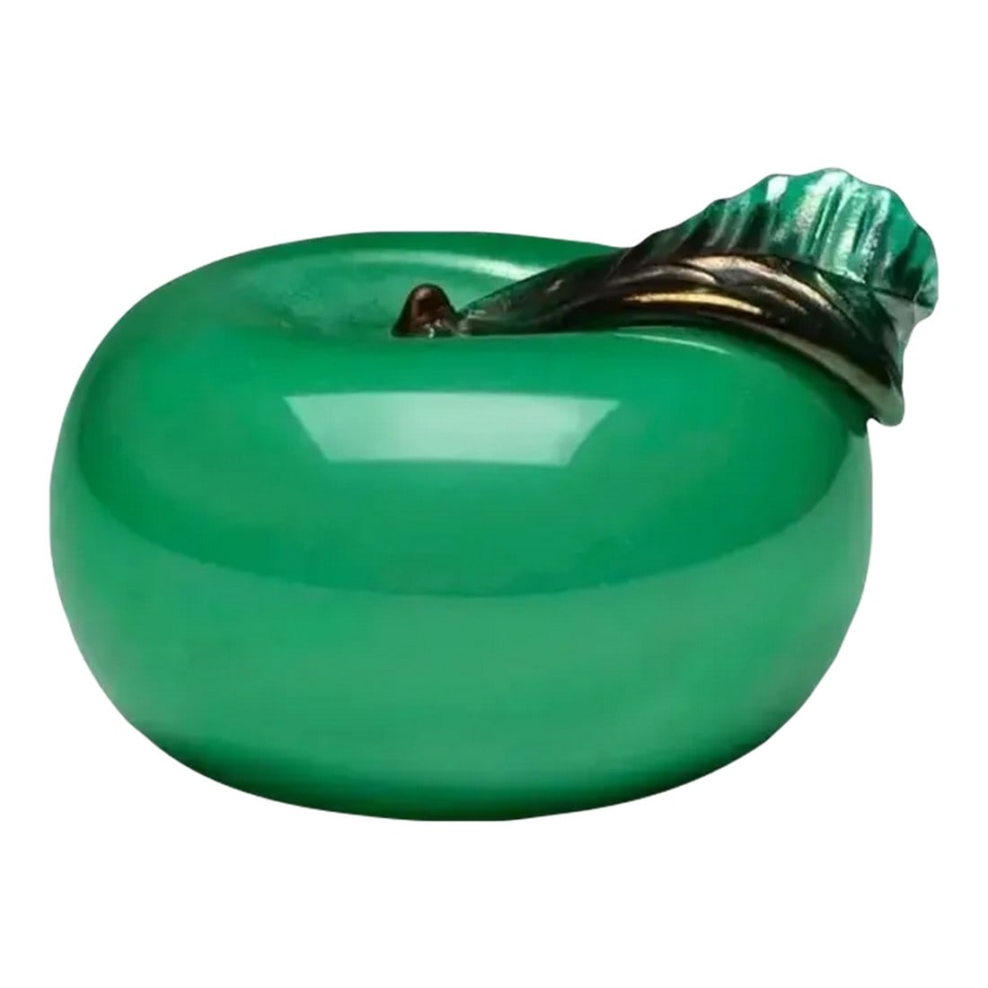 Napoleone Martinuzzi for Venini Green Apple Glass Sculpture, Italy, 1926, Signed: Napoleone Martinuzzi for Venini Murano Art Glass Green Apple Sculpture, Italy, c. 1926. acid-etched signature; Murano green cased glass with applied gold leaf. 2.75 h x 4 w x 4.5 d in (7 x 10 x 11