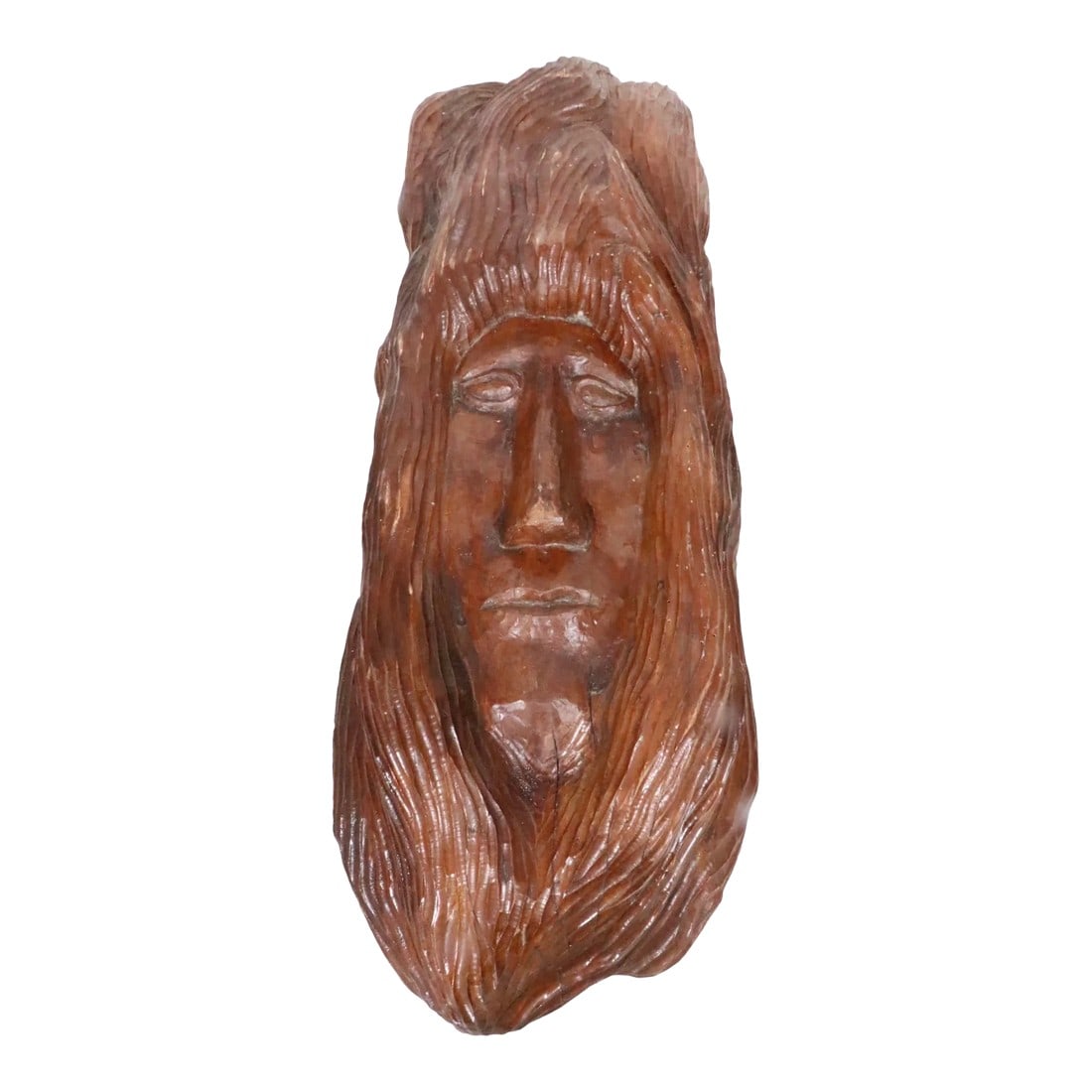 Large Solid Wood Carved Face Tiki / Hippie Style Circa 1970's: Well detailed curved wood face, surrounded by copious amounts of carved wood hair. The piece can be hung on a wall, or displayed flat on its back as well. It is in very fine, original condition, clean