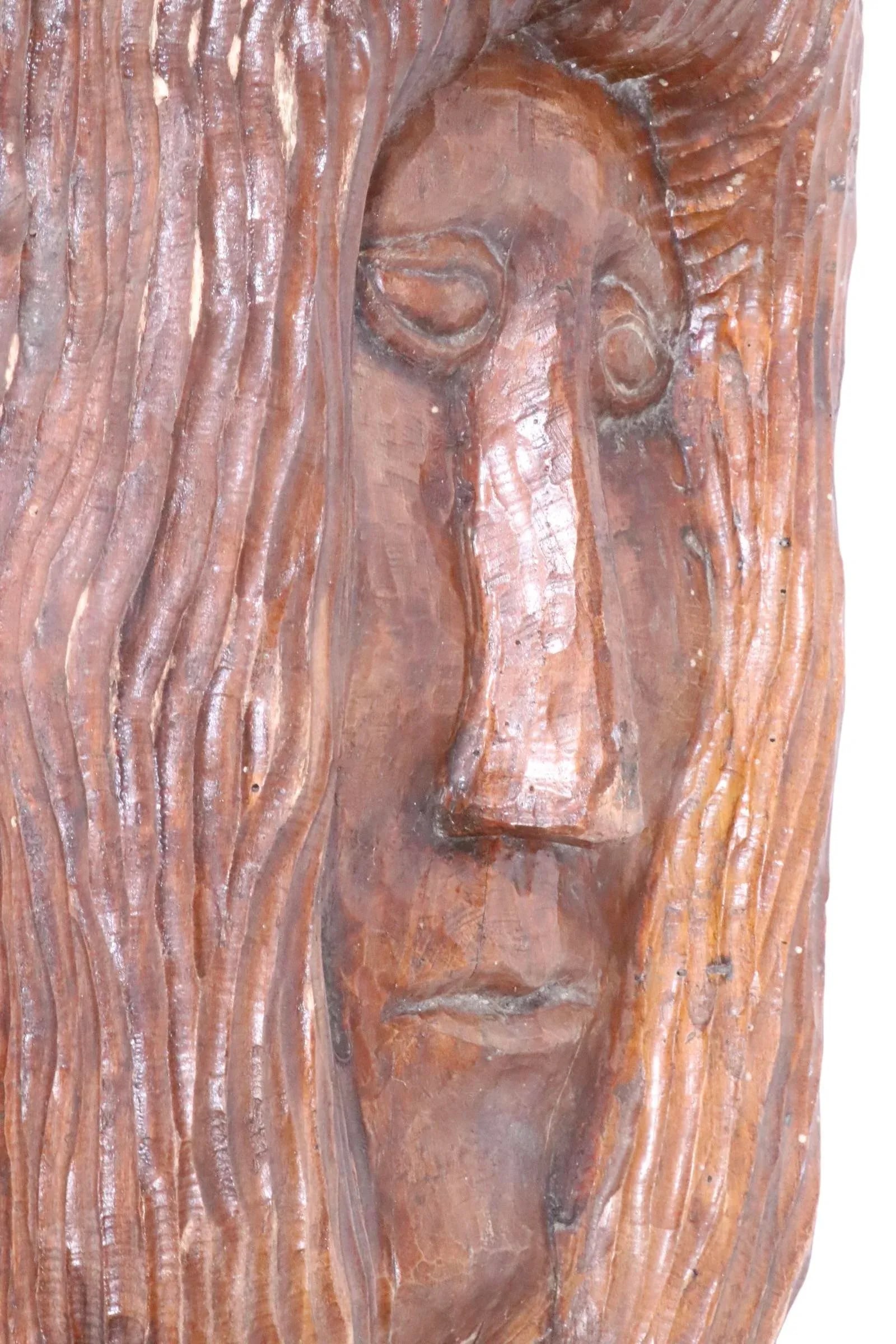 Large Solid Wood Carved Face Tiki / Hippie Style Circa 1970's - 9