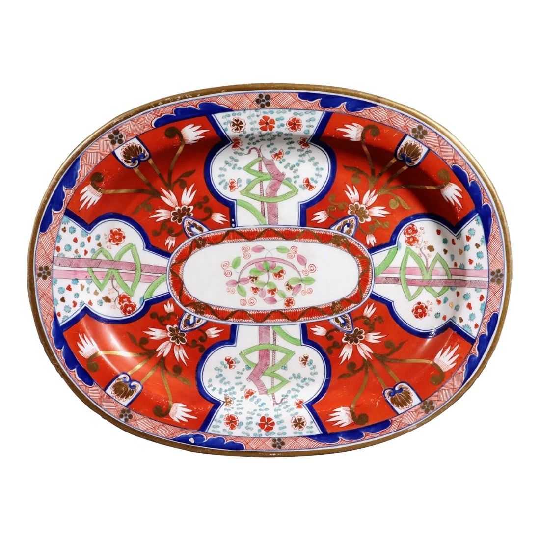 Regency Period Coalport Porcelain Dish Painted With the Dollar Pattern: Regency Japonesque: Coalport Porcelain "Dollar Pattern" Dish (Kakiemon Style Circa 1810 A superb and large oval porcelain dish produced by the Coalport factory during the Regency period (c. 1810), dec