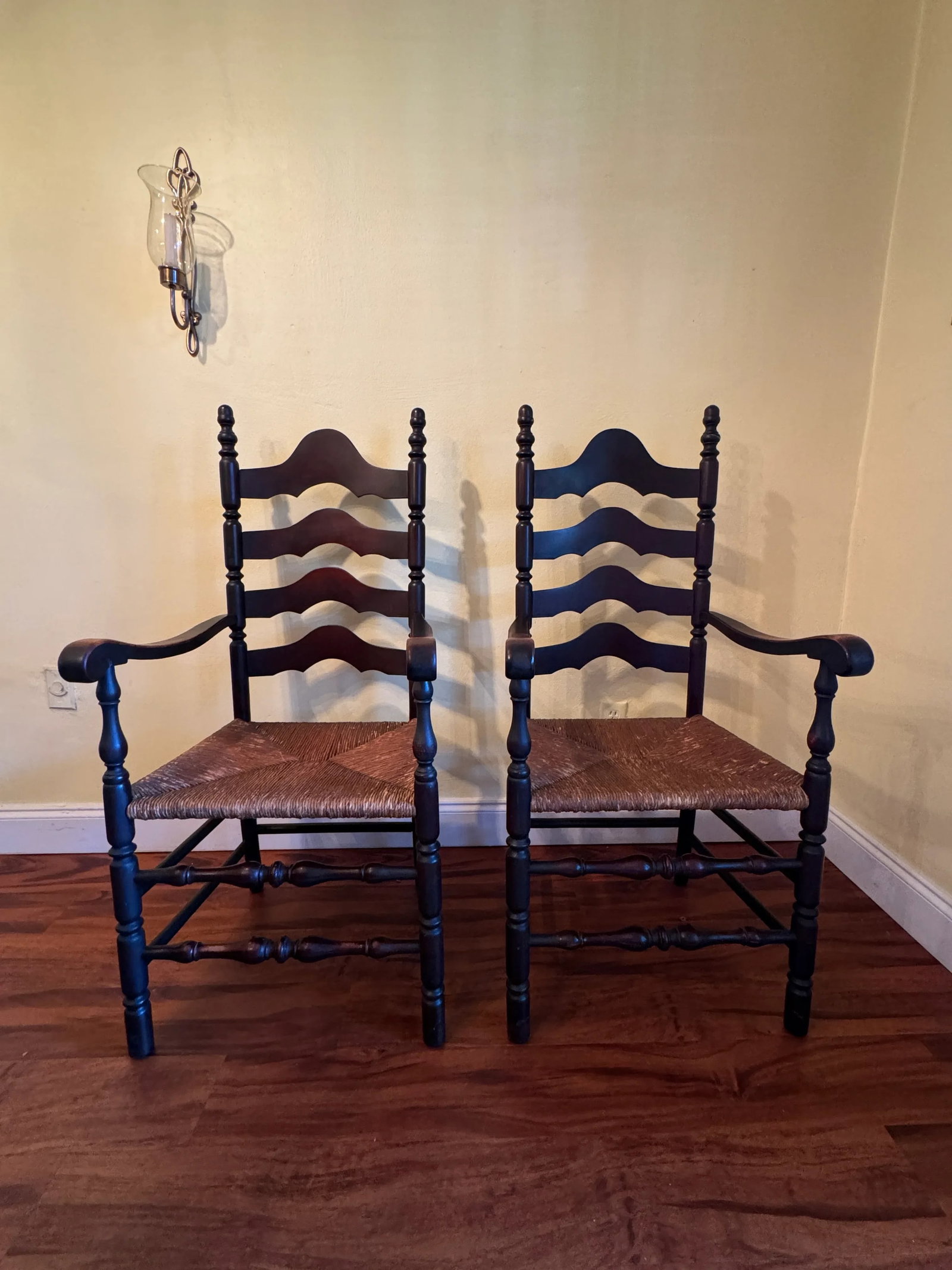 Late 19th Century Antique French Country Style Ladderback Chairs With Rush Seats - Set of 2 - 10