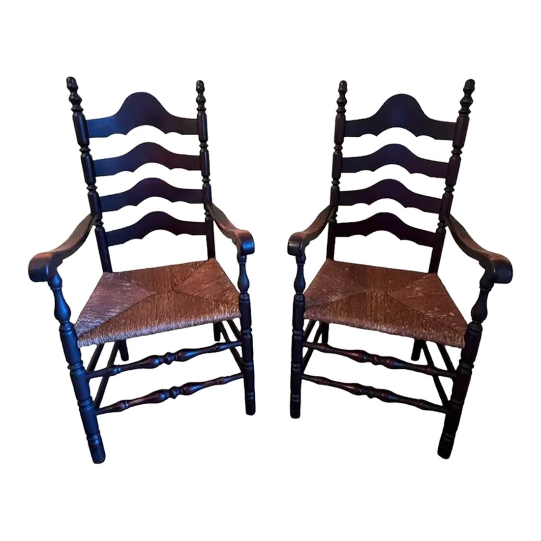 Late 19th Century Antique French Country Style Ladderback Chairs With Rush Seats - Set of 2: These chairs are a gem! They are circa late 19th century French Country high ladder back chairs that have a natural patina along the scrolled arms and front legs. The woven rush seats are intact and