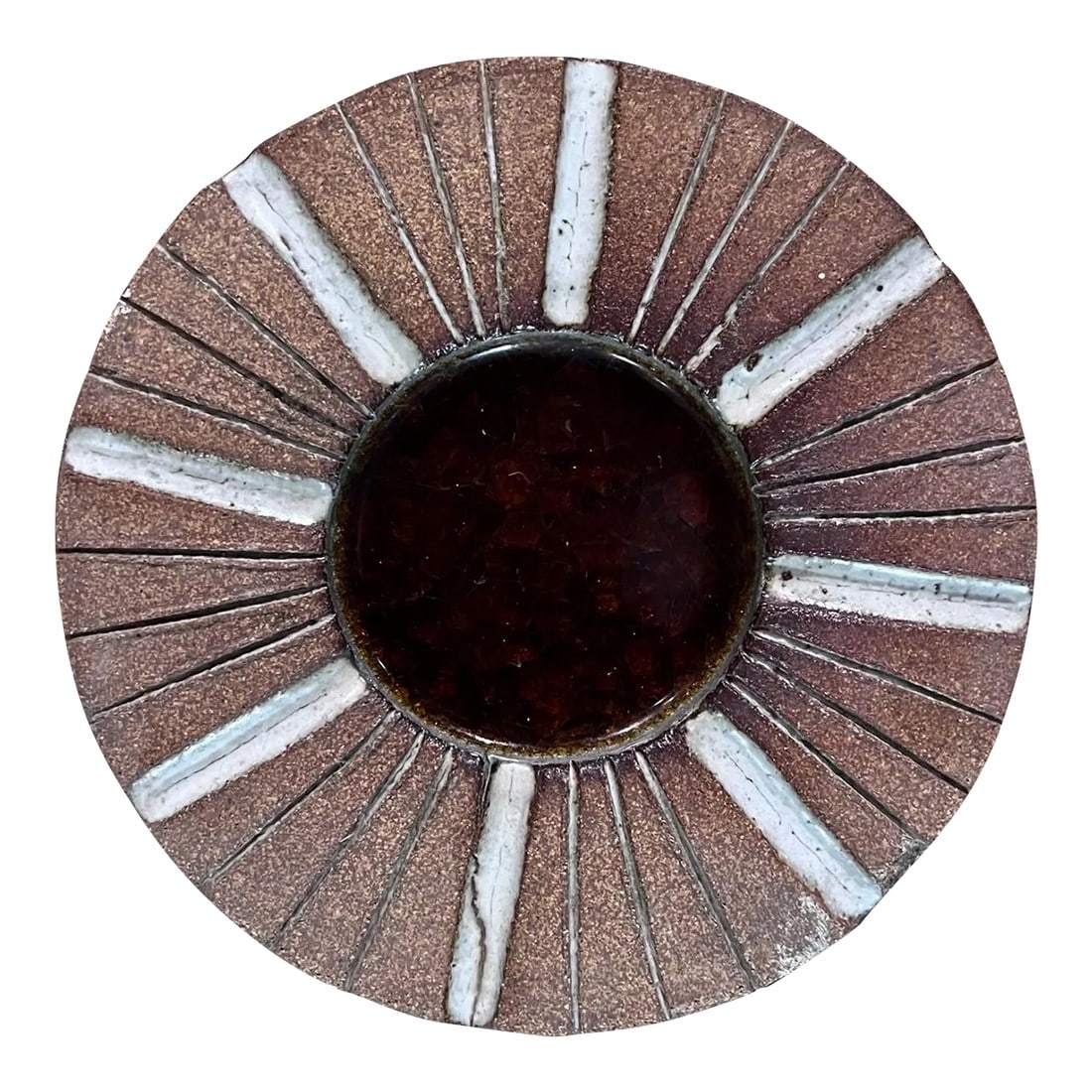 1960s Robert Maxwell Studio Pottery Art Plate Santa Monica, Calif: AMBIANIC presents 1960s Robert Maxwell Decorative Plate Stoneware Pottery Craft Santa Monica, California 8.75 diameter x 1 diameter Preowned Unrestored Vintage Condition. Small nick in one corner. Ref