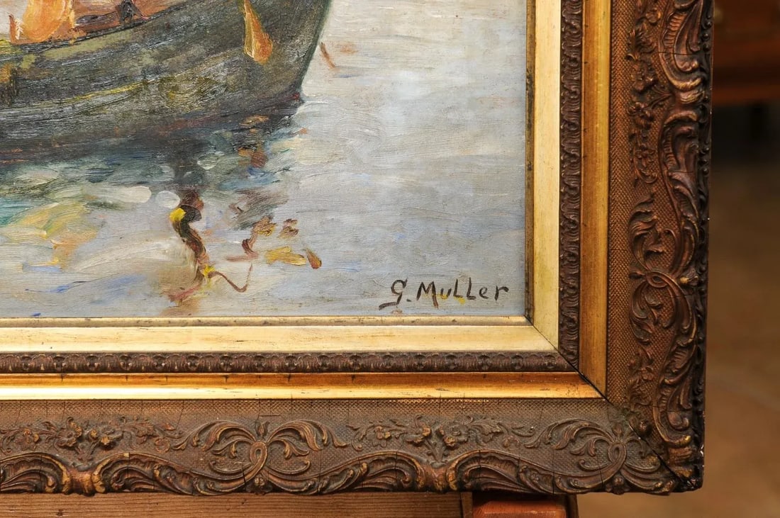 Port de Marseilles, Oil on Isorel Panel Seascape Painting Signed Georges Muller - 10