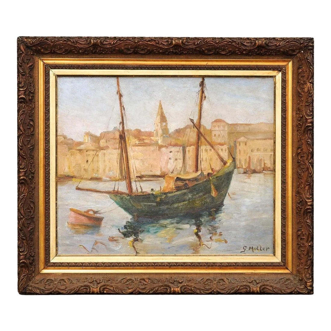 Port de Marseilles, Oil on Isorel Panel Seascape Painting Signed Georges Muller (1 of 12)