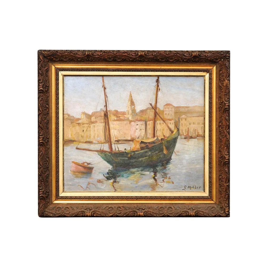 Port de Marseilles, Oil on Isorel Panel Seascape Painting Signed Georges Muller - 4
