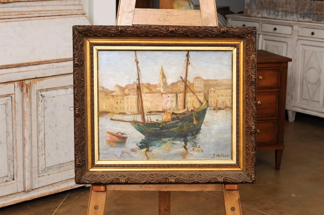 Port de Marseilles, Oil on Isorel Panel Seascape Painting Signed Georges Muller - 5