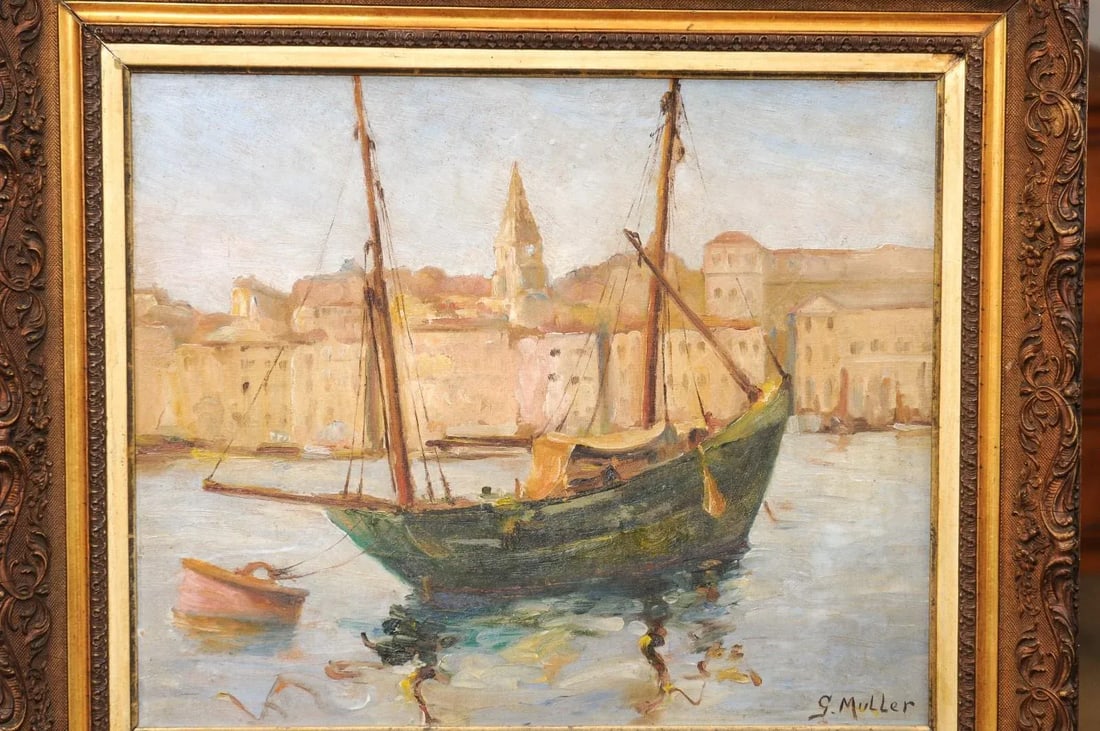 Port de Marseilles, Oil on Isorel Panel Seascape Painting Signed Georges Muller - 6