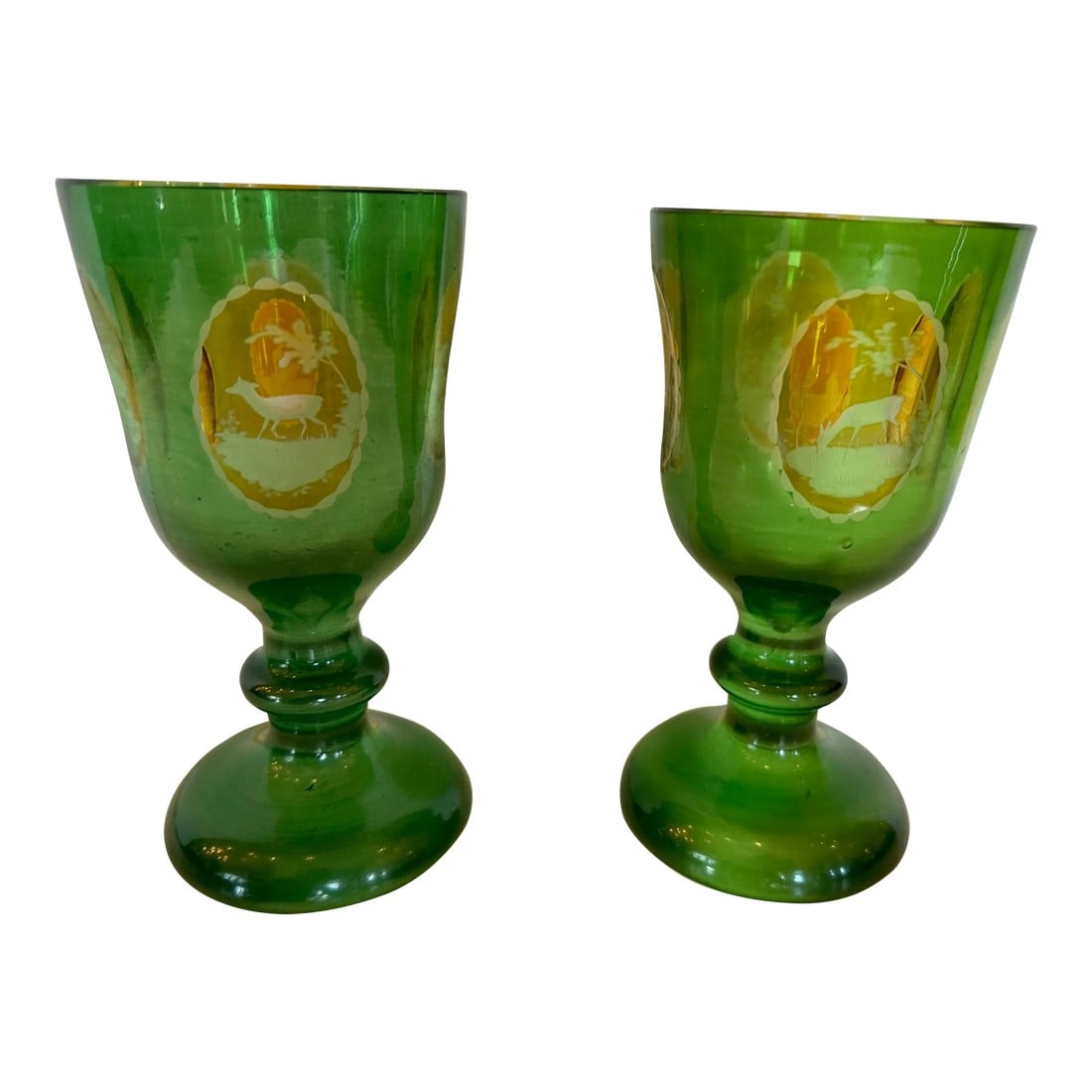 Antique Czech Bohemain Overlay Glass Goblets -A Pair (1 of 11)