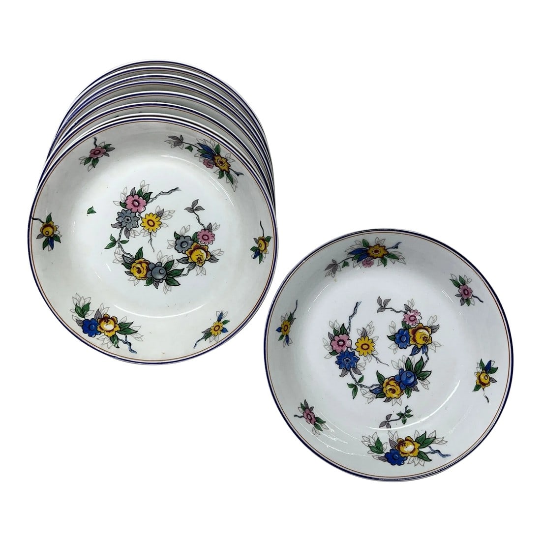Limoges , France Floral Pattern Soup Bowls - Set of 9: Se of 9 hand paintedLimoges France soup bowls with floral pattern in yellow, pink, green and blue. Condition: Alterations: Original Condition Unaltered Imperfections: Some Imperfections Condition Note