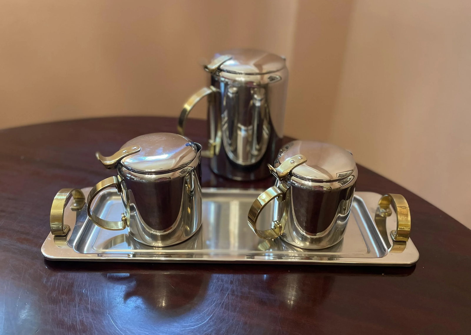 1960s Mid-Century Modern Polished Chrome and Brass Tea or Coffee Service With Tray- 4 Pieces - 2
