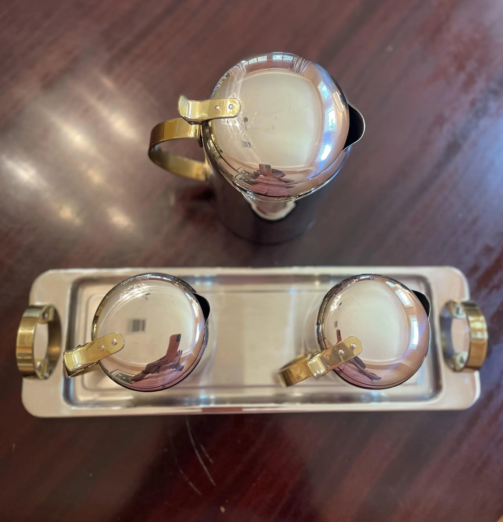 1960s Mid-Century Modern Polished Chrome and Brass Tea or Coffee Service With Tray- 4 Pieces - 3